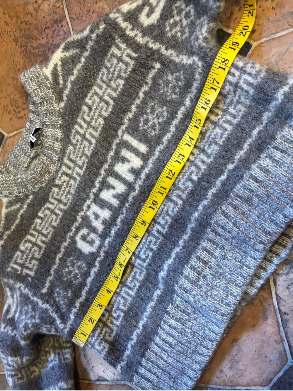 GANNI Grey Organic Wool Logo Knit Cropped Fair Isle Sweater S - Picture 13 of 16